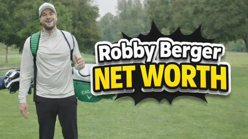Image of Robby Berger standing on a golf course carrying bags, with bold text Robby Berger Net Worth displayed prominently in the center