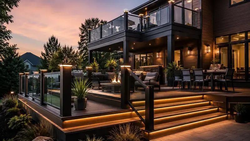 Modern composite deck built by Decksforlife deck builders with glass railings and LED lighting in Toronto